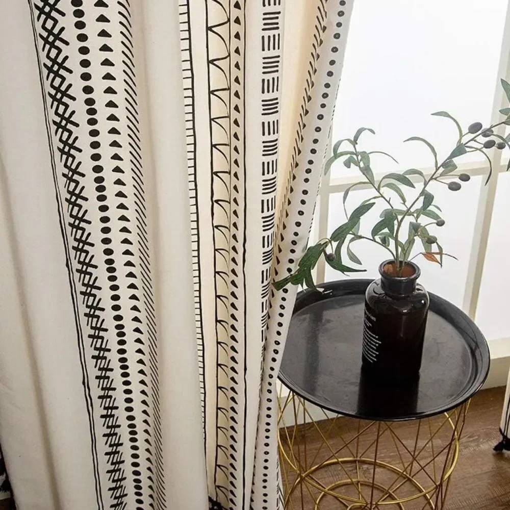 Bohemian Cotton Linen Curtain Panel with Tassels Geometric Print Farmhouse